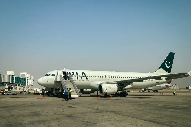 Passenger aircraft parked at Karachi airport in Pakistan.