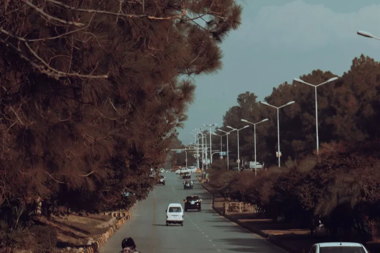 Cars and a motorbike on a tree-lined public road in Islamabad, Pakistan.