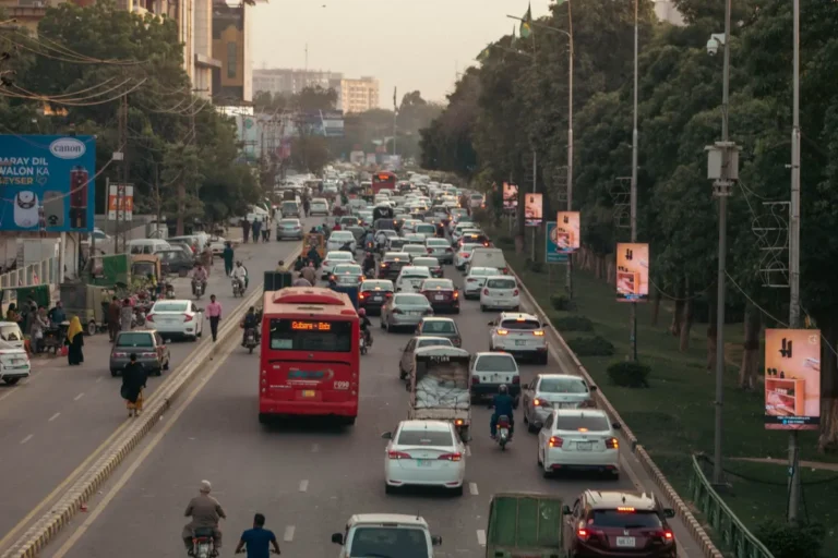 Traffic on an urban road in Lahore, Pakistan.