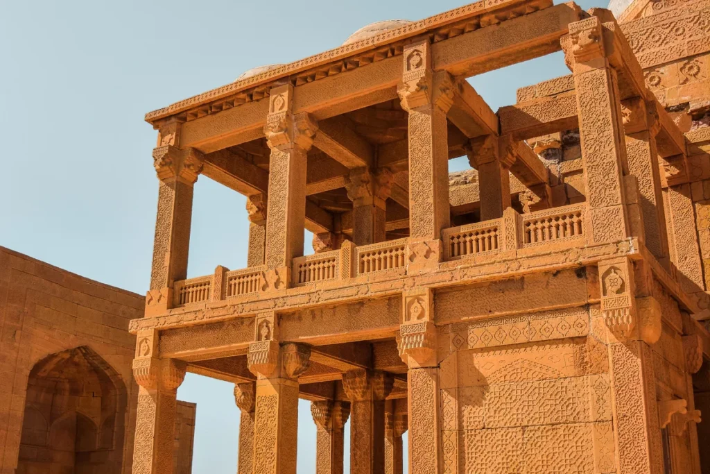 Carved stone monument at Makli Necropolis in Thatta, Pakistan.