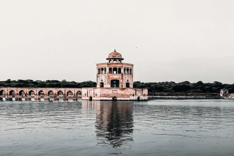 Historic pavilion and water tank at the Hiran Minar complex in Sheikhupura, Pakistan.