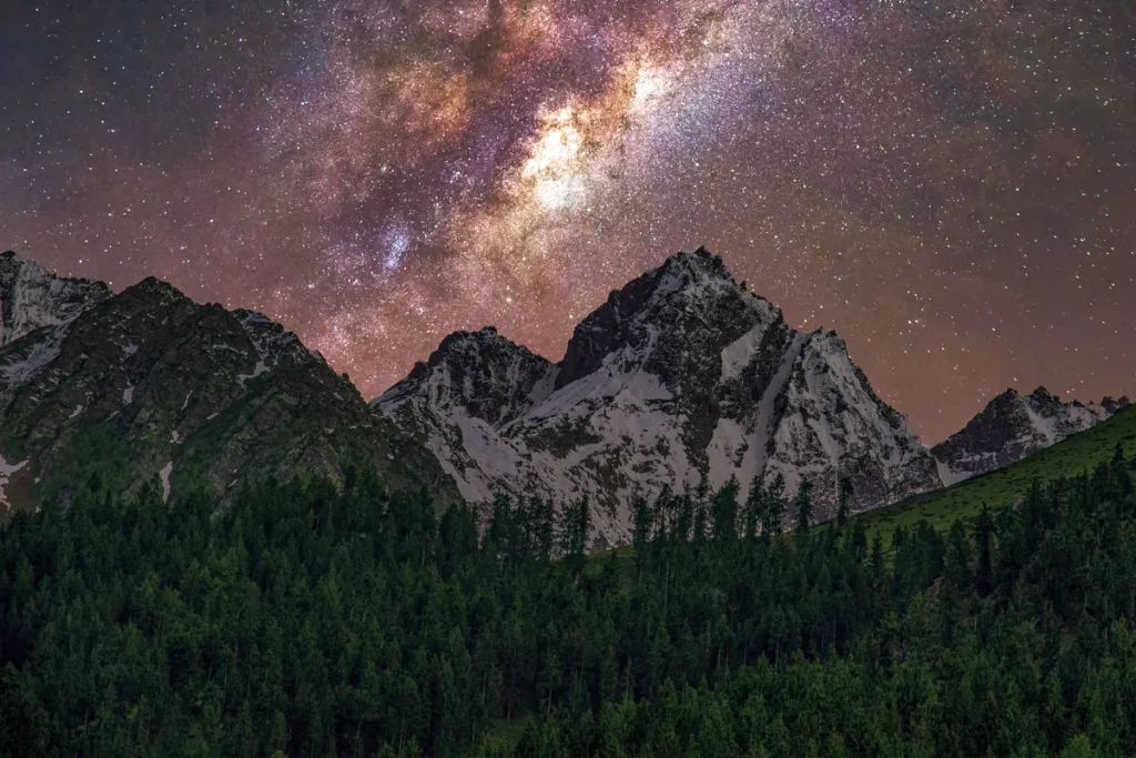 The Milky Way glowing above snowy peaks and dark pine forest in Naltar Valley, Gilgit-Baltistan.