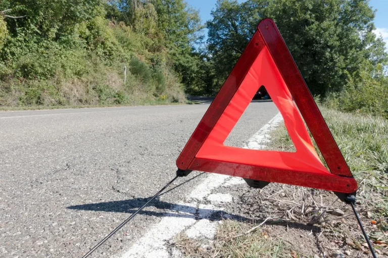 A red warning triangle standing at the edge of a tarmac road to alert drivers to a stopped vehicle.